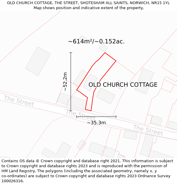 OLD CHURCH COTTAGE, THE STREET, SHOTESHAM ALL SAINTS, NORWICH, NR15 1YL: Plot and title map