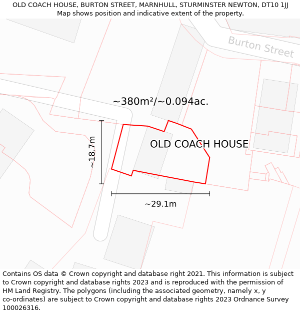 OLD COACH HOUSE, BURTON STREET, MARNHULL, STURMINSTER NEWTON, DT10 1JJ: Plot and title map