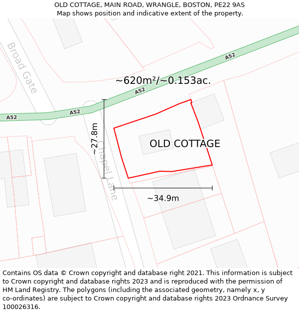 OLD COTTAGE, MAIN ROAD, WRANGLE, BOSTON, PE22 9AS: Plot and title map