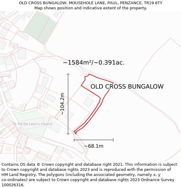 OLD CROSS BUNGALOW, MOUSEHOLE LANE, PAUL, PENZANCE, TR19 6TY: Plot and title map