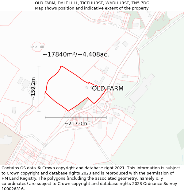 OLD FARM, DALE HILL, TICEHURST, WADHURST, TN5 7DG: Plot and title map