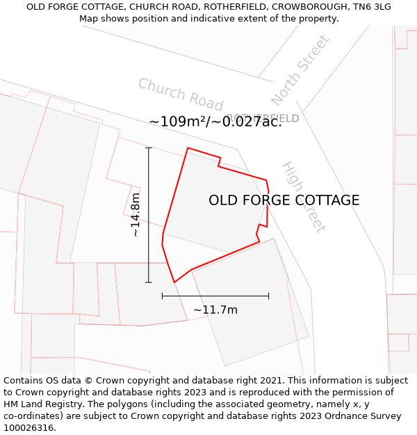 OLD FORGE COTTAGE, CHURCH ROAD, ROTHERFIELD, CROWBOROUGH, TN6 3LG: Plot and title map