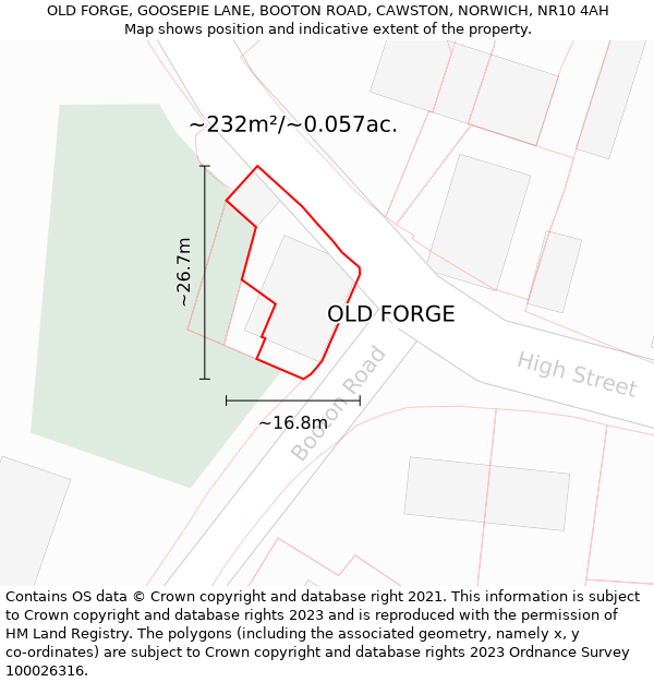 OLD FORGE, GOOSEPIE LANE, BOOTON ROAD, CAWSTON, NORWICH, NR10 4AH: Plot and title map