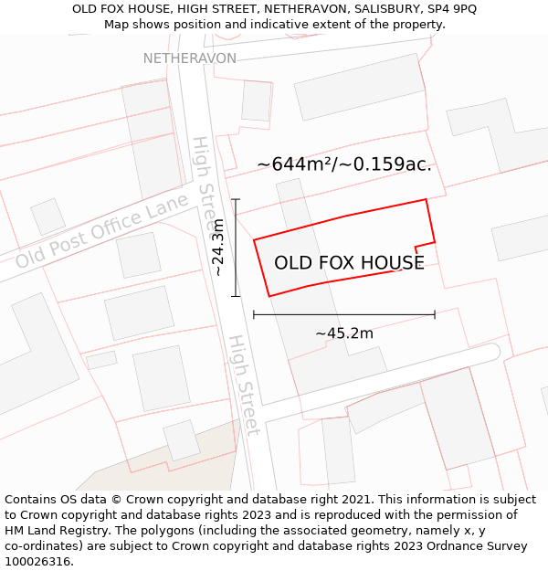 OLD FOX HOUSE, HIGH STREET, NETHERAVON, SALISBURY, SP4 9PQ: Plot and title map