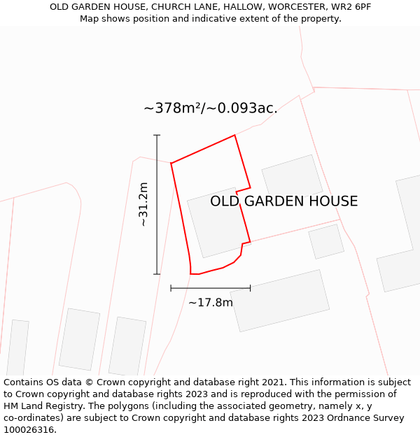 OLD GARDEN HOUSE, CHURCH LANE, HALLOW, WORCESTER, WR2 6PF: Plot and title map