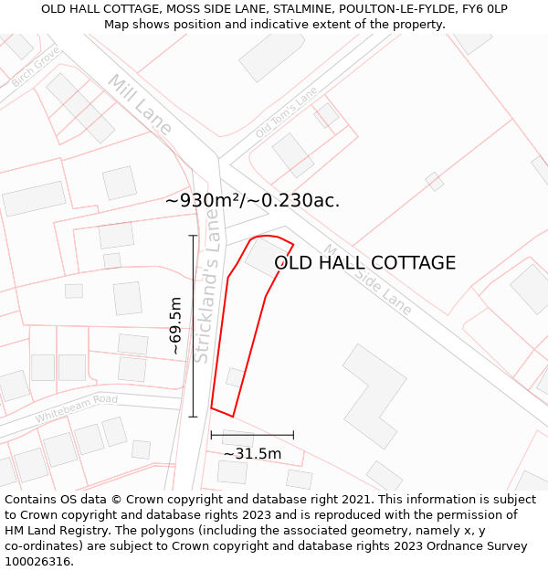 OLD HALL COTTAGE, MOSS SIDE LANE, STALMINE, POULTON-LE-FYLDE, FY6 0LP: Plot and title map