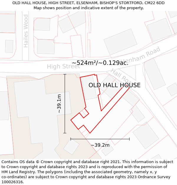 OLD HALL HOUSE, HIGH STREET, ELSENHAM, BISHOP'S STORTFORD, CM22 6DD: Plot and title map