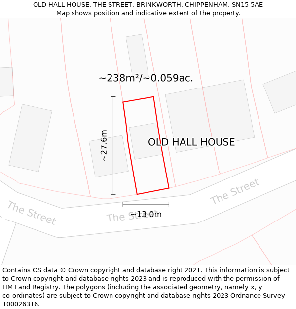 OLD HALL HOUSE, THE STREET, BRINKWORTH, CHIPPENHAM, SN15 5AE: Plot and title map