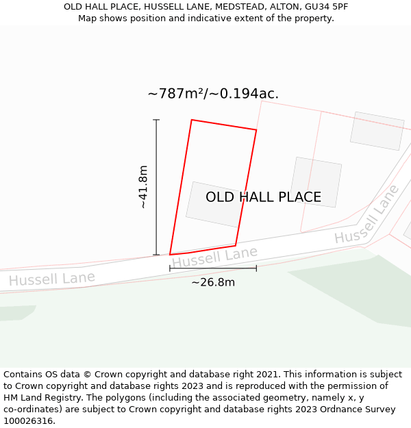 OLD HALL PLACE, HUSSELL LANE, MEDSTEAD, ALTON, GU34 5PF: Plot and title map