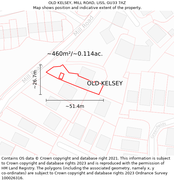 OLD KELSEY, MILL ROAD, LISS, GU33 7AZ: Plot and title map