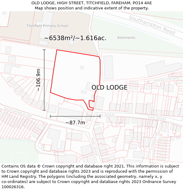 OLD LODGE, HIGH STREET, TITCHFIELD, FAREHAM, PO14 4AE: Plot and title map