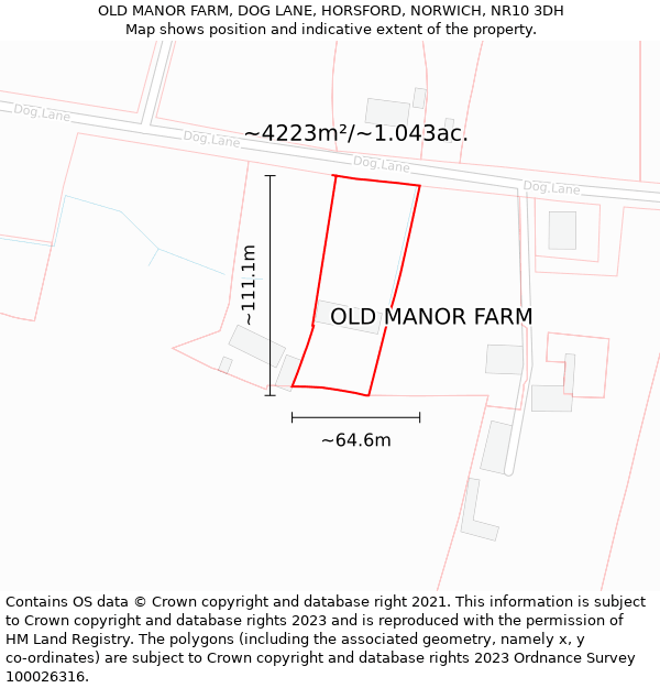 OLD MANOR FARM, DOG LANE, HORSFORD, NORWICH, NR10 3DH: Plot and title map