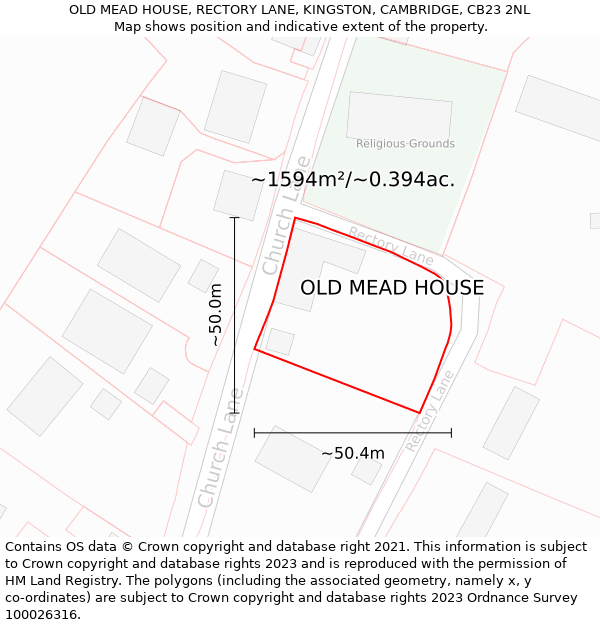 OLD MEAD HOUSE, RECTORY LANE, KINGSTON, CAMBRIDGE, CB23 2NL: Plot and title map