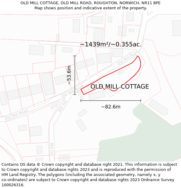 OLD MILL COTTAGE, OLD MILL ROAD, ROUGHTON, NORWICH, NR11 8PE: Plot and title map