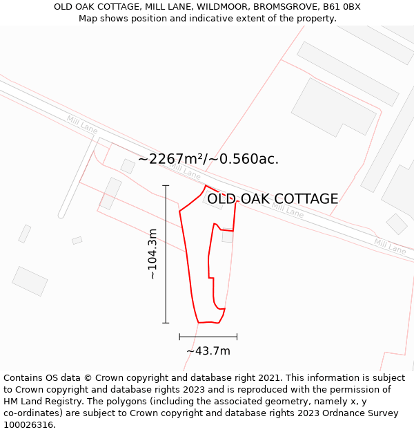 OLD OAK COTTAGE, MILL LANE, WILDMOOR, BROMSGROVE, B61 0BX: Plot and title map