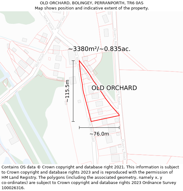 OLD ORCHARD, BOLINGEY, PERRANPORTH, TR6 0AS: Plot and title map