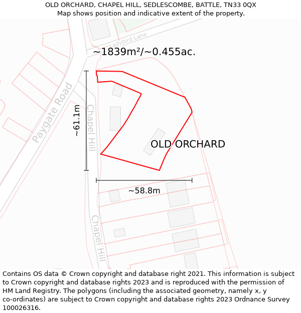 OLD ORCHARD, CHAPEL HILL, SEDLESCOMBE, BATTLE, TN33 0QX: Plot and title map