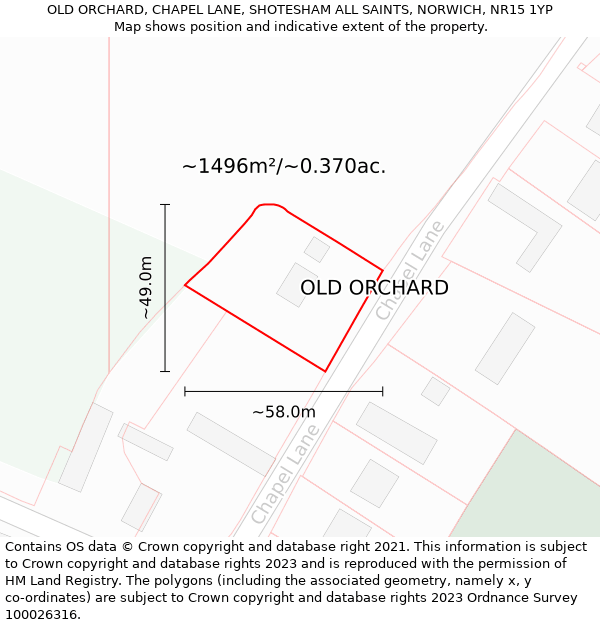OLD ORCHARD, CHAPEL LANE, SHOTESHAM ALL SAINTS, NORWICH, NR15 1YP: Plot and title map