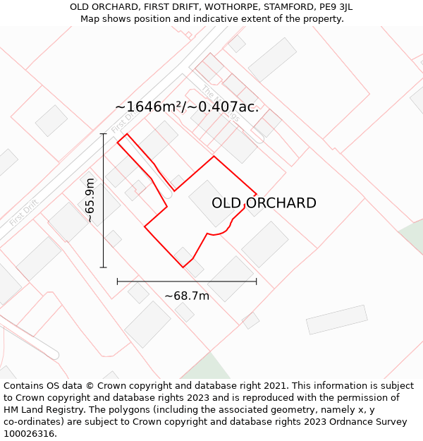 OLD ORCHARD, FIRST DRIFT, WOTHORPE, STAMFORD, PE9 3JL: Plot and title map