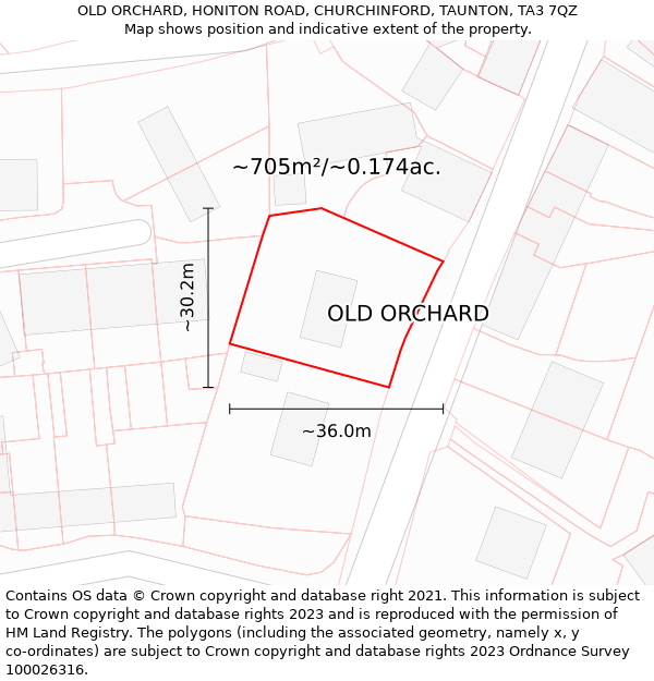 OLD ORCHARD, HONITON ROAD, CHURCHINFORD, TAUNTON, TA3 7QZ: Plot and title map