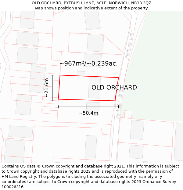 OLD ORCHARD, PYEBUSH LANE, ACLE, NORWICH, NR13 3QZ: Plot and title map