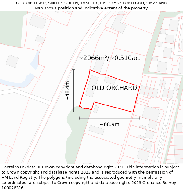 OLD ORCHARD, SMITHS GREEN, TAKELEY, BISHOP'S STORTFORD, CM22 6NR: Plot and title map