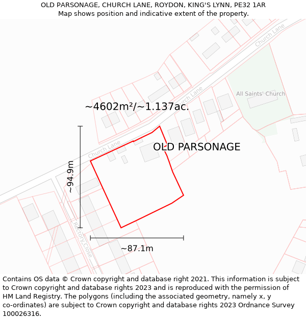 OLD PARSONAGE, CHURCH LANE, ROYDON, KING'S LYNN, PE32 1AR: Plot and title map