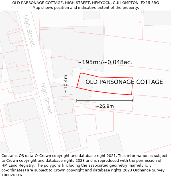 OLD PARSONAGE COTTAGE, HIGH STREET, HEMYOCK, CULLOMPTON, EX15 3RG: Plot and title map