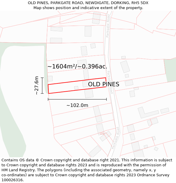 OLD PINES, PARKGATE ROAD, NEWDIGATE, DORKING, RH5 5DX: Plot and title map