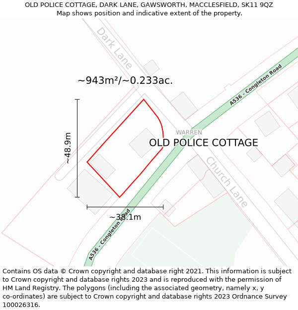 OLD POLICE COTTAGE, DARK LANE, GAWSWORTH, MACCLESFIELD, SK11 9QZ: Plot and title map