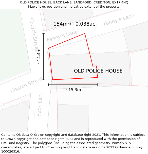 OLD POLICE HOUSE, BACK LANE, SANDFORD, CREDITON, EX17 4NQ: Plot and title map