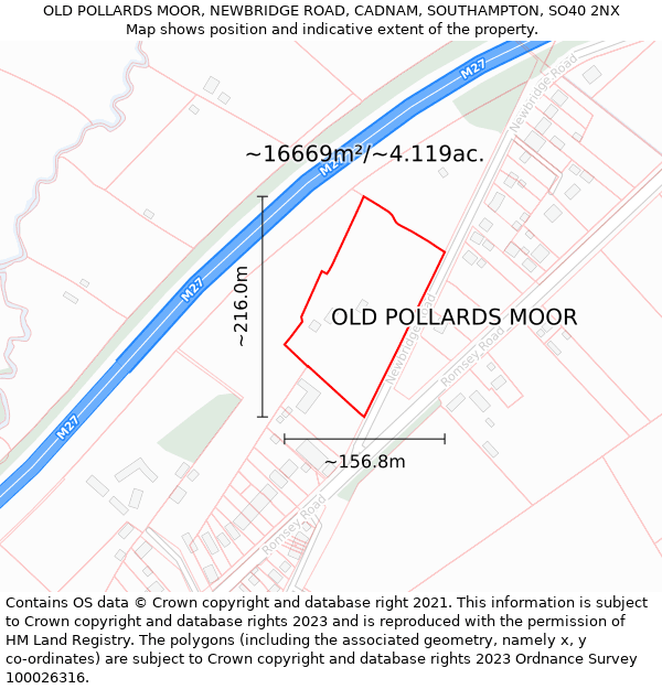 OLD POLLARDS MOOR, NEWBRIDGE ROAD, CADNAM, SOUTHAMPTON, SO40 2NX: Plot and title map