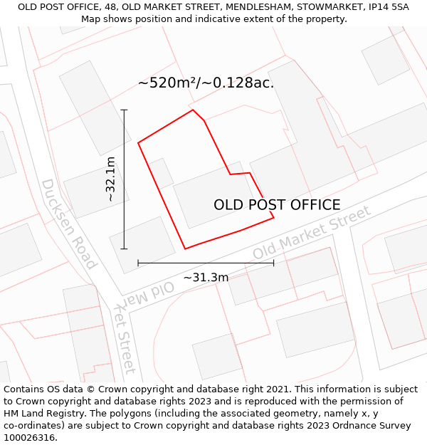 OLD POST OFFICE, 48, OLD MARKET STREET, MENDLESHAM, STOWMARKET, IP14 5SA: Plot and title map