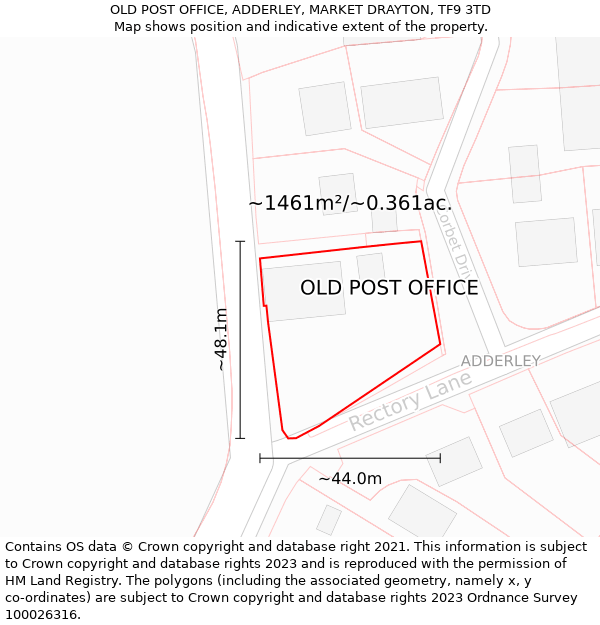 OLD POST OFFICE, ADDERLEY, MARKET DRAYTON, TF9 3TD: Plot and title map