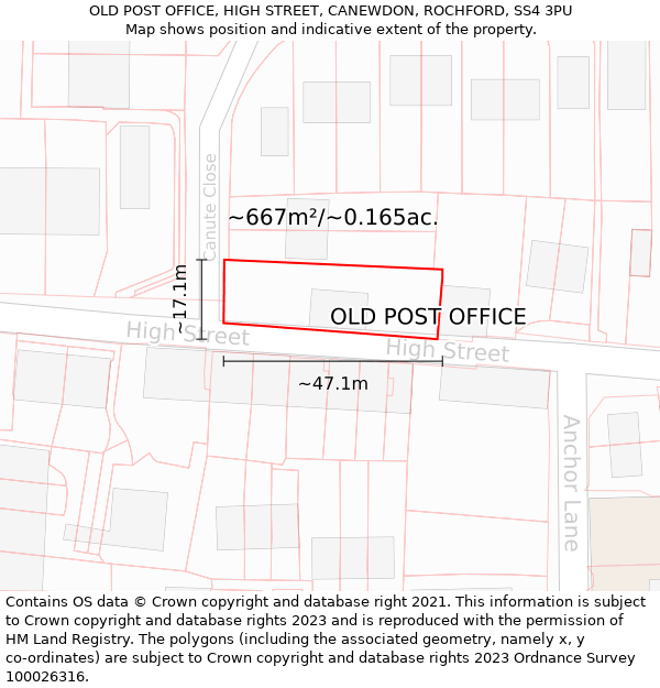 OLD POST OFFICE, HIGH STREET, CANEWDON, ROCHFORD, SS4 3PU: Plot and title map
