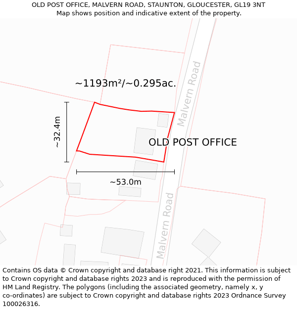 OLD POST OFFICE, MALVERN ROAD, STAUNTON, GLOUCESTER, GL19 3NT: Plot and title map