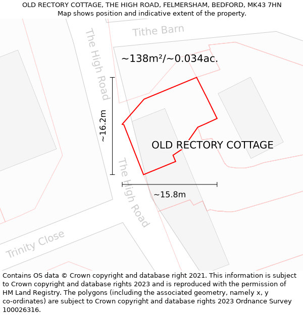 OLD RECTORY COTTAGE, THE HIGH ROAD, FELMERSHAM, BEDFORD, MK43 7HN: Plot and title map