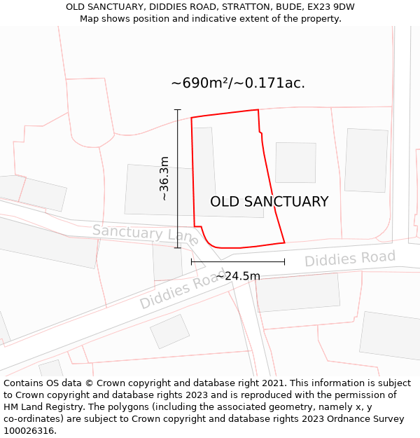 OLD SANCTUARY, DIDDIES ROAD, STRATTON, BUDE, EX23 9DW: Plot and title map