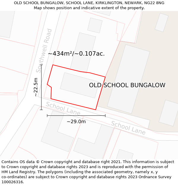 OLD SCHOOL BUNGALOW, SCHOOL LANE, KIRKLINGTON, NEWARK, NG22 8NG: Plot and title map