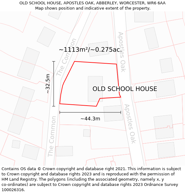 OLD SCHOOL HOUSE, APOSTLES OAK, ABBERLEY, WORCESTER, WR6 6AA: Plot and title map