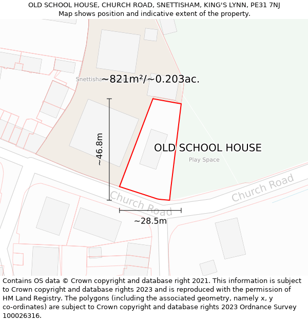 OLD SCHOOL HOUSE, CHURCH ROAD, SNETTISHAM, KING'S LYNN, PE31 7NJ: Plot and title map