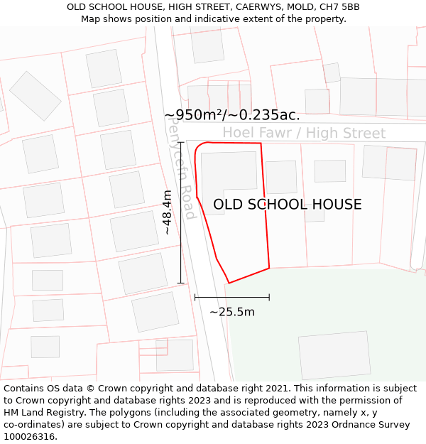 OLD SCHOOL HOUSE, HIGH STREET, CAERWYS, MOLD, CH7 5BB: Plot and title map