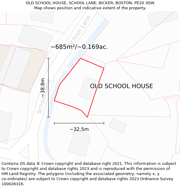 OLD SCHOOL HOUSE, SCHOOL LANE, BICKER, BOSTON, PE20 3DW: Plot and title map
