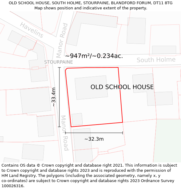 OLD SCHOOL HOUSE, SOUTH HOLME, STOURPAINE, BLANDFORD FORUM, DT11 8TG: Plot and title map