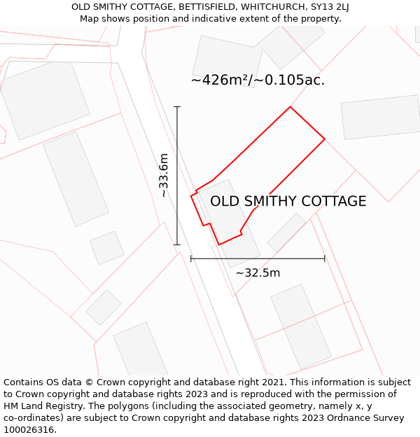 OLD SMITHY COTTAGE, BETTISFIELD, WHITCHURCH, SY13 2LJ: Plot and title map