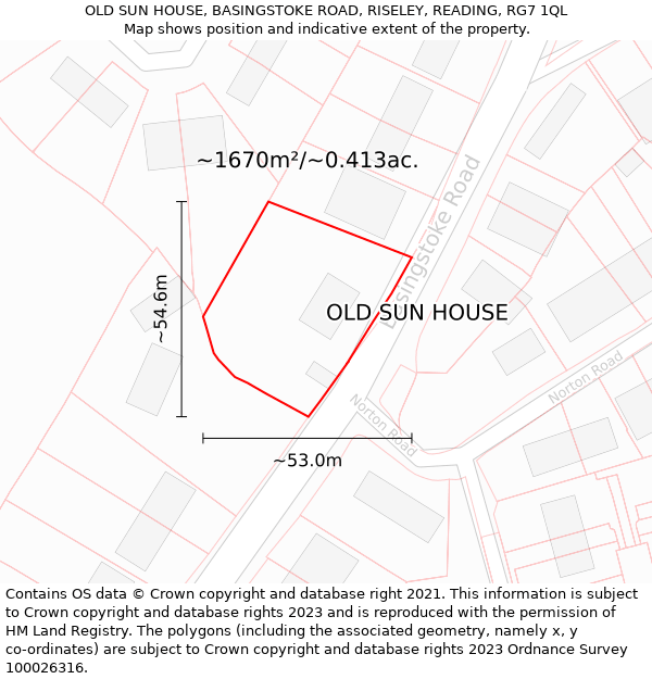 OLD SUN HOUSE, BASINGSTOKE ROAD, RISELEY, READING, RG7 1QL: Plot and title map