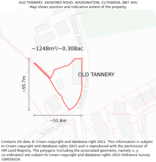OLD TANNERY, EDISFORD ROAD, WADDINGTON, CLITHEROE, BB7 3HU: Plot and title map