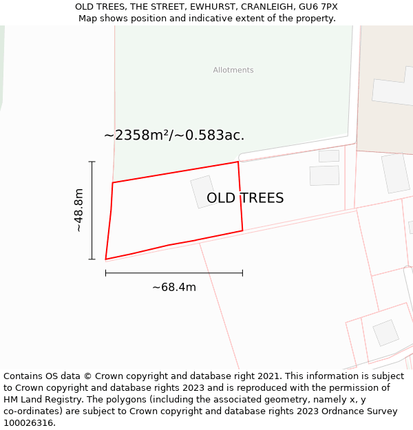 OLD TREES, THE STREET, EWHURST, CRANLEIGH, GU6 7PX: Plot and title map
