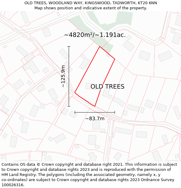 OLD TREES, WOODLAND WAY, KINGSWOOD, TADWORTH, KT20 6NN: Plot and title map