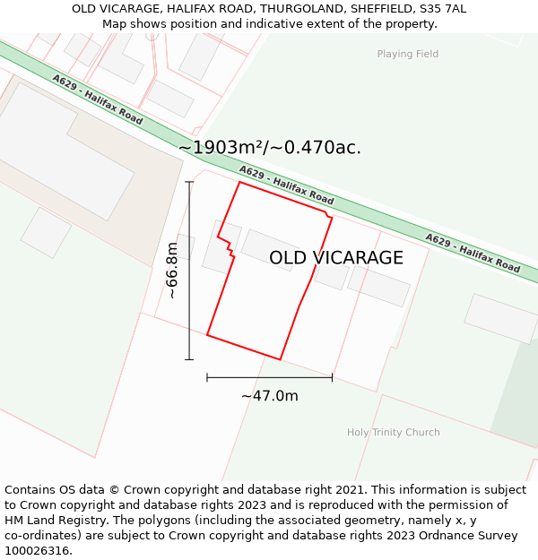 OLD VICARAGE, HALIFAX ROAD, THURGOLAND, SHEFFIELD, S35 7AL: Plot and title map